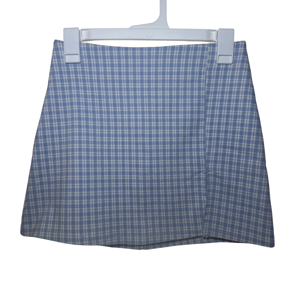 Altar'd State Womens Blue Plaid Mini Skirt Side Slit Size Small‎
